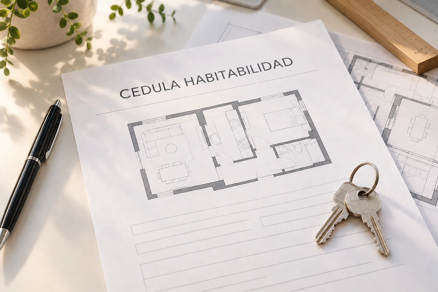 Documento de cédula de habitabilidad con plano y llaves
